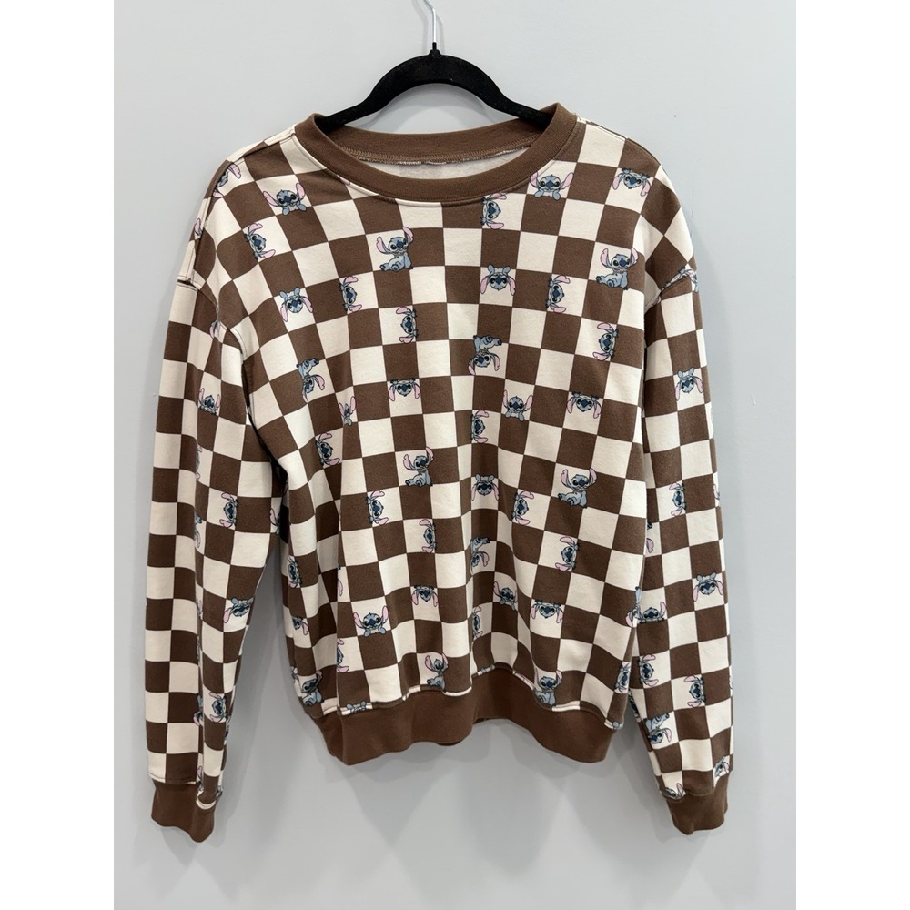 Disney Stitch Checkered Sweatshirt Brown Crewneck Pullover M Nostalgic Playful - Picture 2 of 7